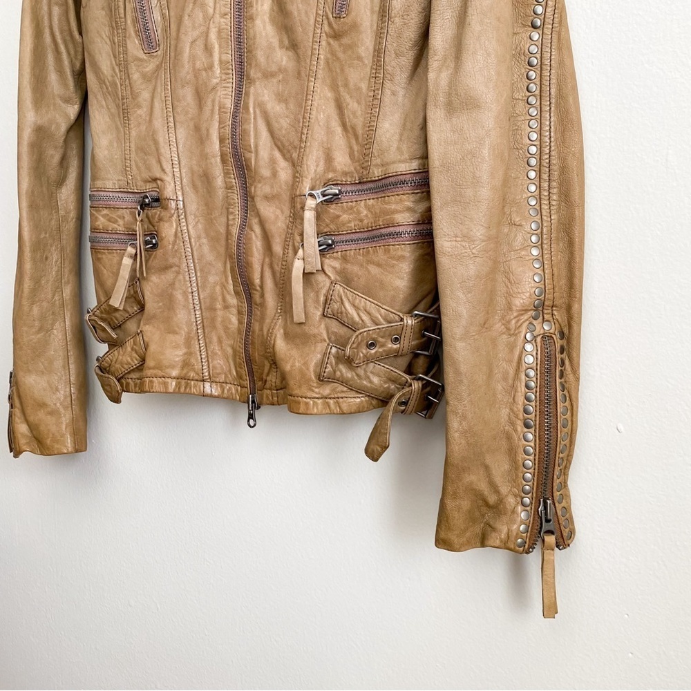 Women’s Leather Motorcycle Jacket Biker Studs Tan Zip Belt Collarless Western S - Picture 6 of 9